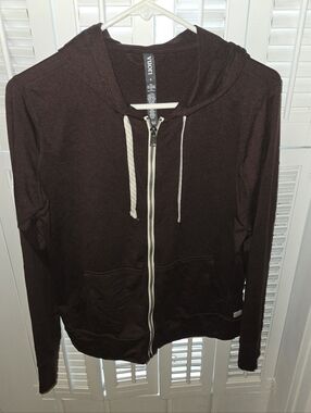 Vuori Zip Hoodie in Deep Brown with Cream Drawstrings